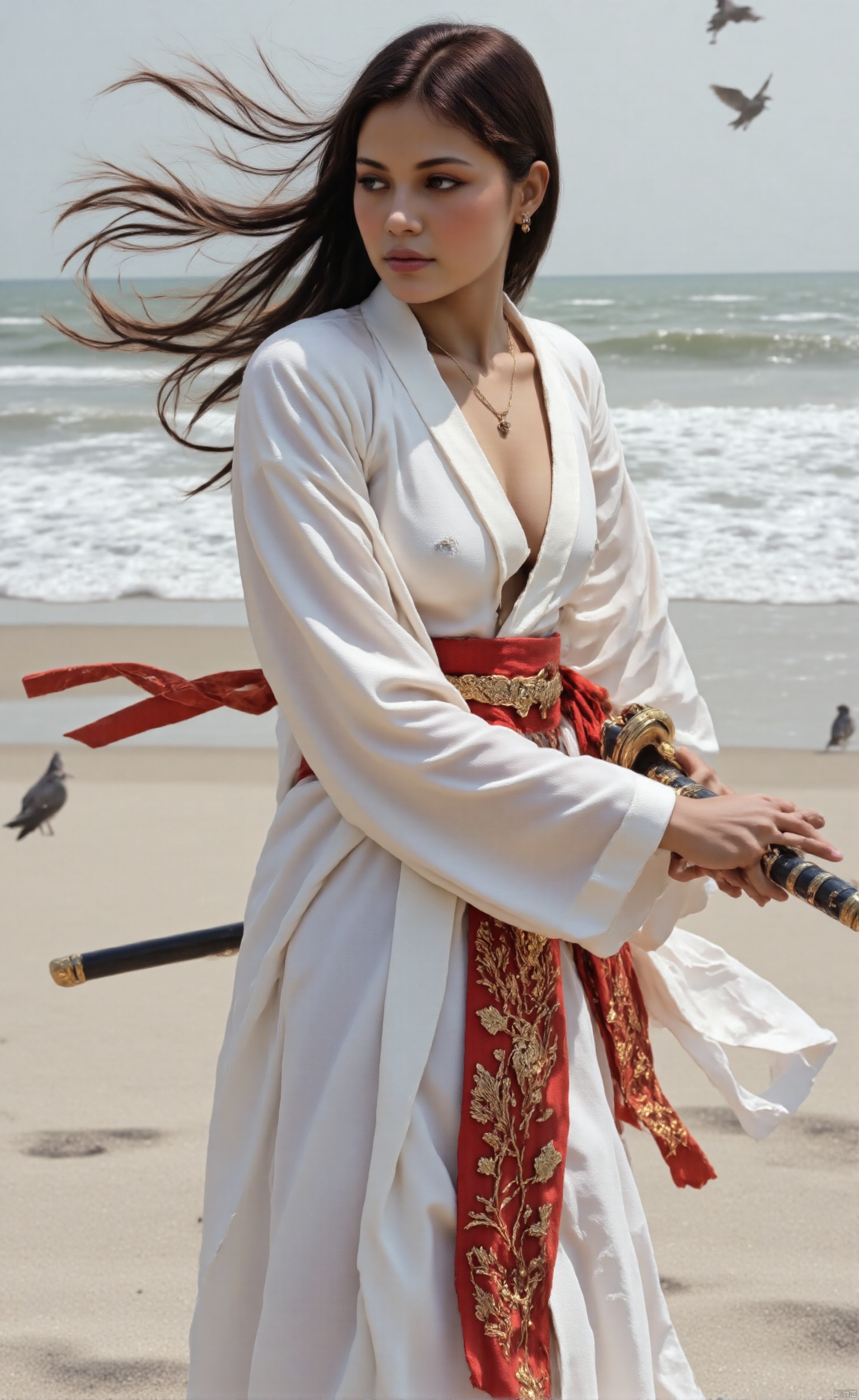hair ornament, 1girl, solo, long hair, long sleeves, hanfu, earrings, necklace A woman stands on a beach, her long black hair flowing in the wind. She is dressed in a traditional white robe with red accents, holding a sword in one hand and a red ribbon in the other. The waves crash against the shore, and a few birds can be seen flying overhead. Her posture suggests she is ready for action or perhaps contemplating something deeply chinese ink painting, motion blur, film, bokeh, professional, wide angle, natural shadow, intricate, aesthetic, subsurface scattering, dynamic angle,light depth,large natural breast,soft breasts,ddw,Samurai draws swords,SKNTXTR,,IN THE STYLE OF FF-SSF,
