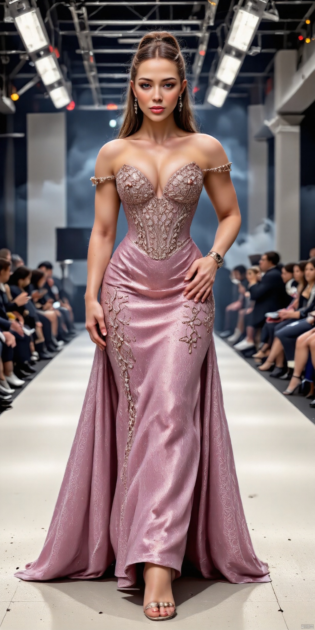 (high fashion model on runway:1.3), (wearing a couture gown with intricate embroidery:1.3), (dramatic lighting from spotlights:1.2), (catwalk surrounded by audience:1.2), (smoke machine creating a dreamy atmosphere:1.2), (elegant pose with one hand on hip:1.2), (sharp cheekbones and flawless skin:1.3), (bold eye makeup with glitter accents:1.2), (sleek high ponytail:1.1), (statement earrings catching the light:1.2), (high heels adding height:1.1), (dynamic movement captured mid-stride:1.3), (shallow depth of field:1.3), (bokeh from stage lights:1.2), (vivid colors:1.2), (high contrast lighting:1.2), (ultra-detailed fabric texture:1.3), (realistic skin pores:1.3), (cinematic composition:1.3), (shot with Sony A7R IV:1.3), (70-200mm f/2.8 lens:1.2), (8k resolution:1.3), trending on ArtStation, fashion editorial style, ultra-realistic, photorealistic, highly detailed,A realistic buxom athletic elven women.,sexy body.,FITGIRL FIT GYM GIRL STYLE,,P1NKDR3SS,,OFF SHOULDER DRESS,