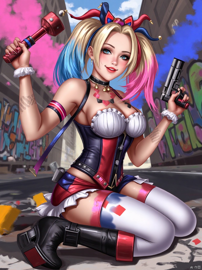 Create an anime-style illustration of Harley Quinn,  the iconic character from DC Comics. She has vibrant pink and blue ha...