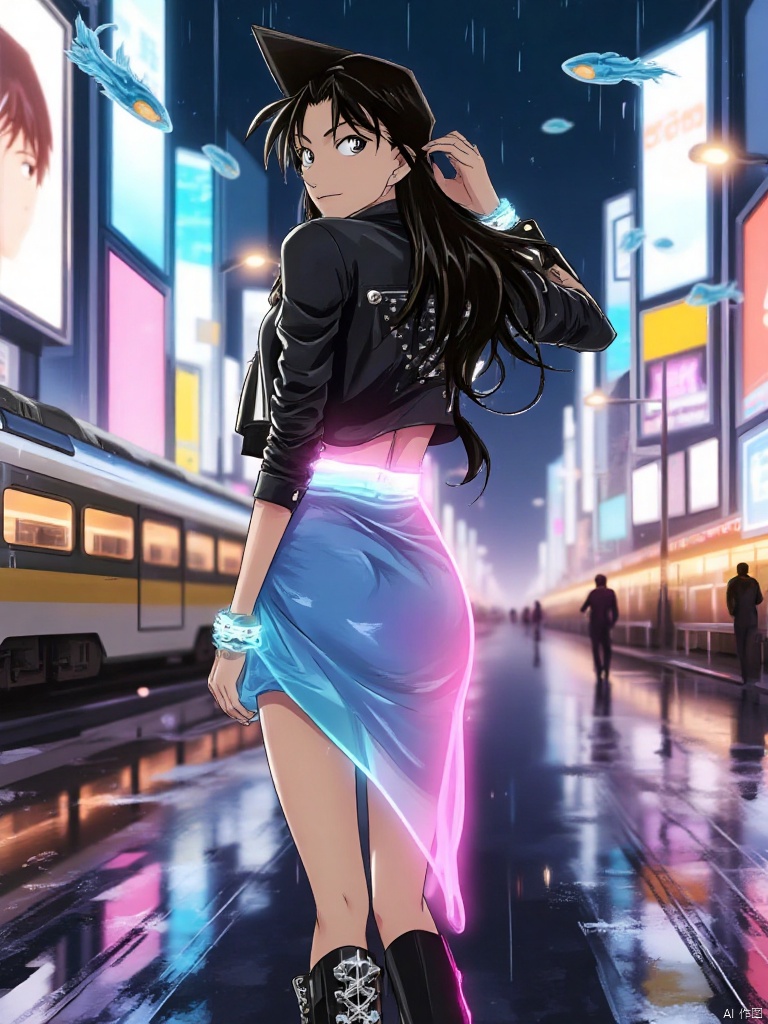 Create a cyberpunk-themed illustration of a fashion icon on a rainy night. The character is an anime-style woman with long black wavy hair featuring neon blue-purple highlights and amber eyes. Her makeup is glossy, with iridescent eyeshadow and an ombre lip. She wears a black asymmetric leather jacket adorned with metal studs, a neon blue-pink gradient translucent dress, a glowing fiber-optic waist belt, knee-high boots with mechanical patterns, and a holographic wrist projector. The scene is set on a rain-soaked neon street with holographic billboards and floating trains. The ground is reflective with ripples from the rain, and glowing nano-particles float in the air. Lighting includes cold blue-purple neon from the left, warm orange ambient glow from the right, a soft ring light on her face, and pulsating pink light from her belt. The atmosphere blends cyberpunk with ethereal fantasy, featuring translucent rain particles and a bokeh background. Her dynamic pose includes looking back over her shoulder and touching her hair,maolilan,liangxing
