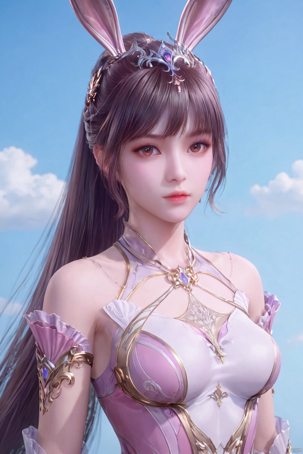 score_9,score_8_up,score_7_up,XiaoWu,1girl, solo, long hair, breasts, brown hair, hair ornament, dress, bare shoulders, brown eyes, upper body, ponytail, sky, rabbit ears, blue sky, tiara, pink dress,eyelashes,a charming face,glowing lips,clavicle, simple background,medium breasts,cleavge,