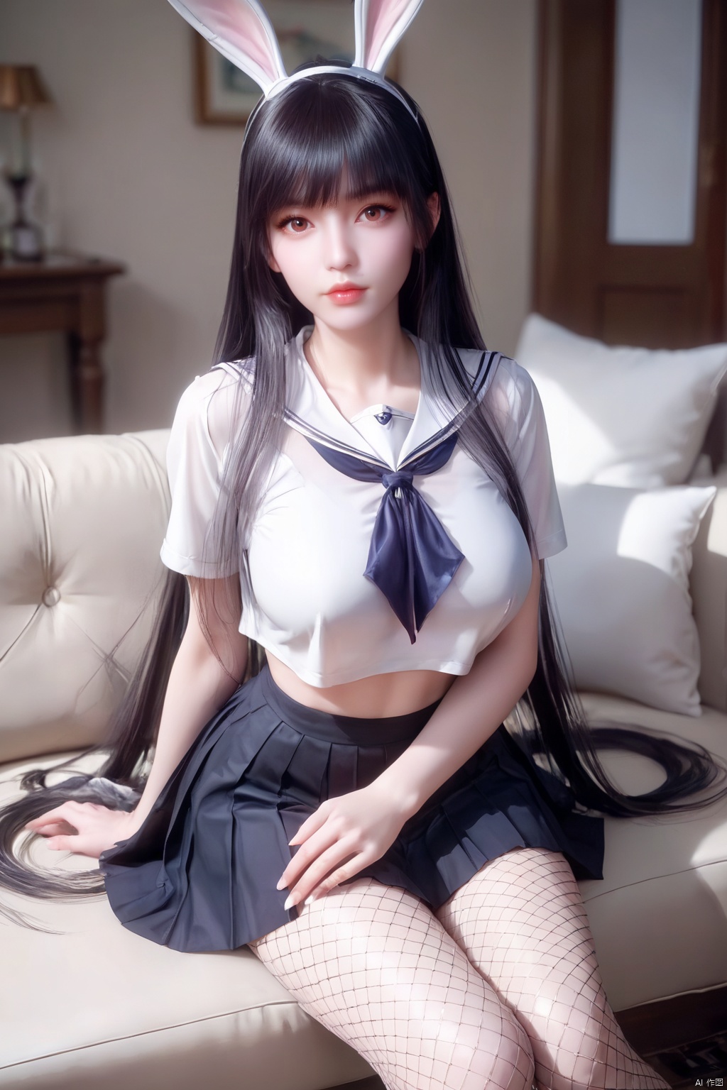 score_9,score_8_up,score_7_up,XiaoWu,1girl, solo,very long hair, breasts,rabbit ears,animal ears,( white sailor_shirt:1.3 ),(black pleated_skirt:1.3) ,indoor,looking at viewer, brown eyes, lips,big breasts, sitting,couch,fishnet pantyhose , black hair