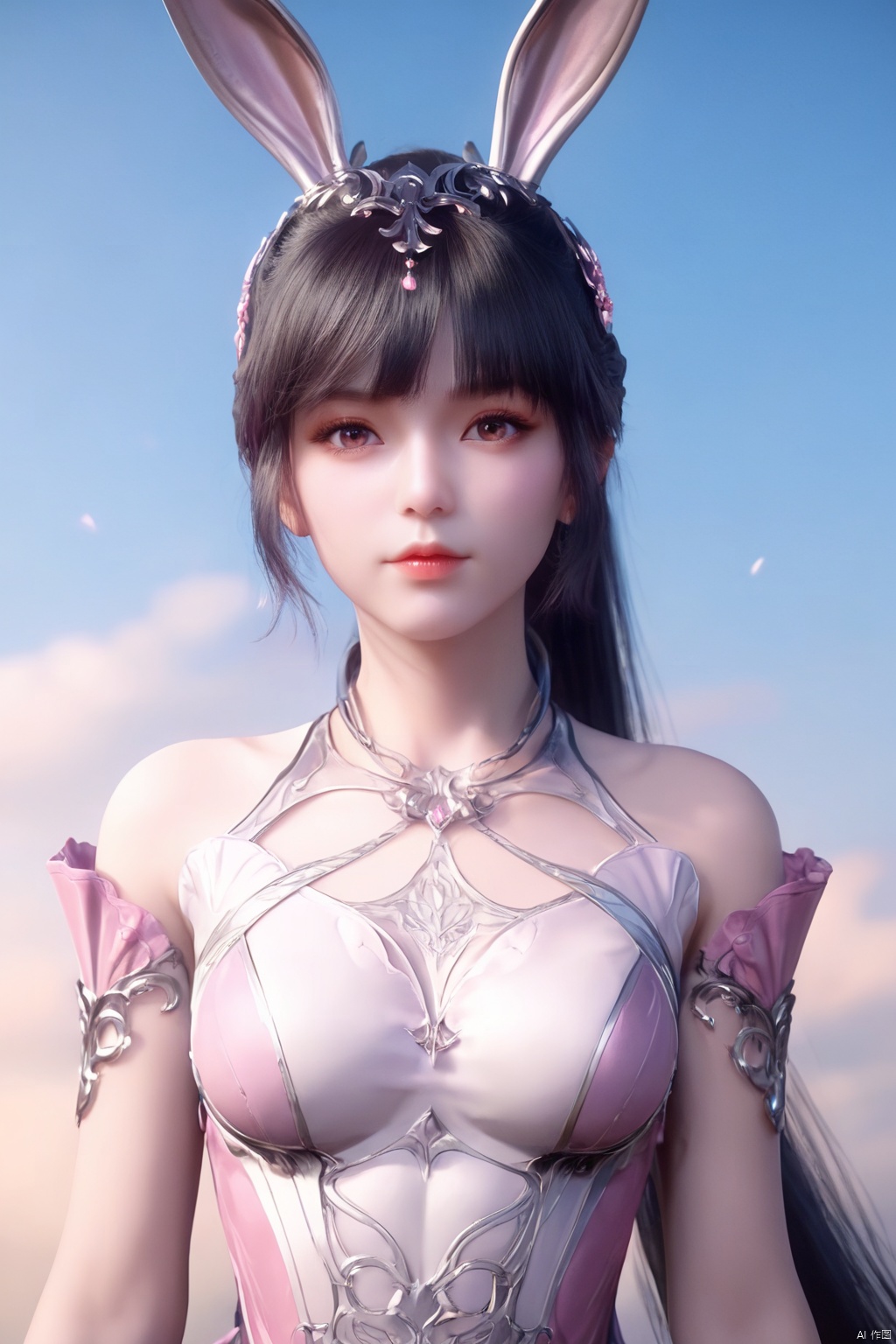 score_9,score_8_up,score_7_up,XiaoWu,1girl, solo, long hair, looking at viewer, black hair, hair ornament, dress, animal ears, upper body, ponytail, sky, rabbit ears, collar, pink dress, metal collar