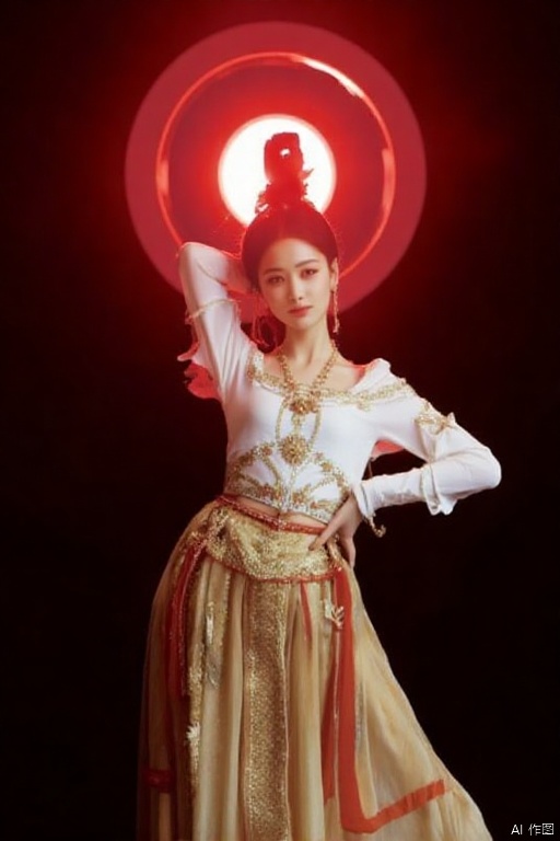 Chinese traditional dance,a woman dressed in a traditional Asian dress,adorned with a white blouse and a gold skirt adorned with gold embroidery. Her hair is styled in a bun,with a red bow at the top of her head. She is holding her left hand up,while her right hand rests on her hip. Her right hand is raised,adding a touch of balance to the scene. The backdrop is a vibrant red,illuminated by a circular light,creating a striking contrast against the dark background.
