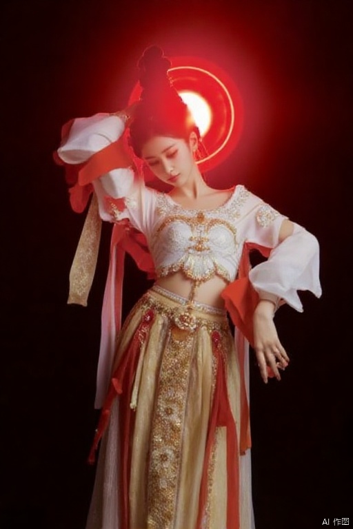 Chinese traditional dance,a woman dressed in a traditional Asian dress,adorned with a white blouse and a gold skirt adorned with gold embroidery. Her hair is styled in a bun,with a red bow at the top of her head. She is holding her left hand up,while her right hand rests on her hip. Her right hand is raised,adding a touch of balance to the scene. The backdrop is a vibrant red,illuminated by a circular light,creating a striking contrast against the dark background.

