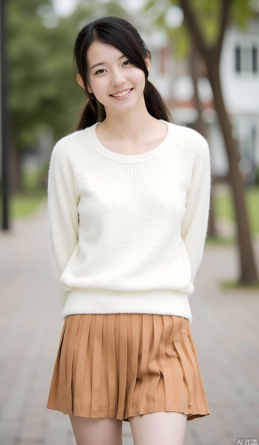 1girl, solo, long hair, smile, skirt, brown hair, black hair, closed mouth, standing, closed eyes, cowboy shot, pleated skirt, outdoors, day, blurry, sweater, tree, lips, arms behind back, brown skirt, realistic