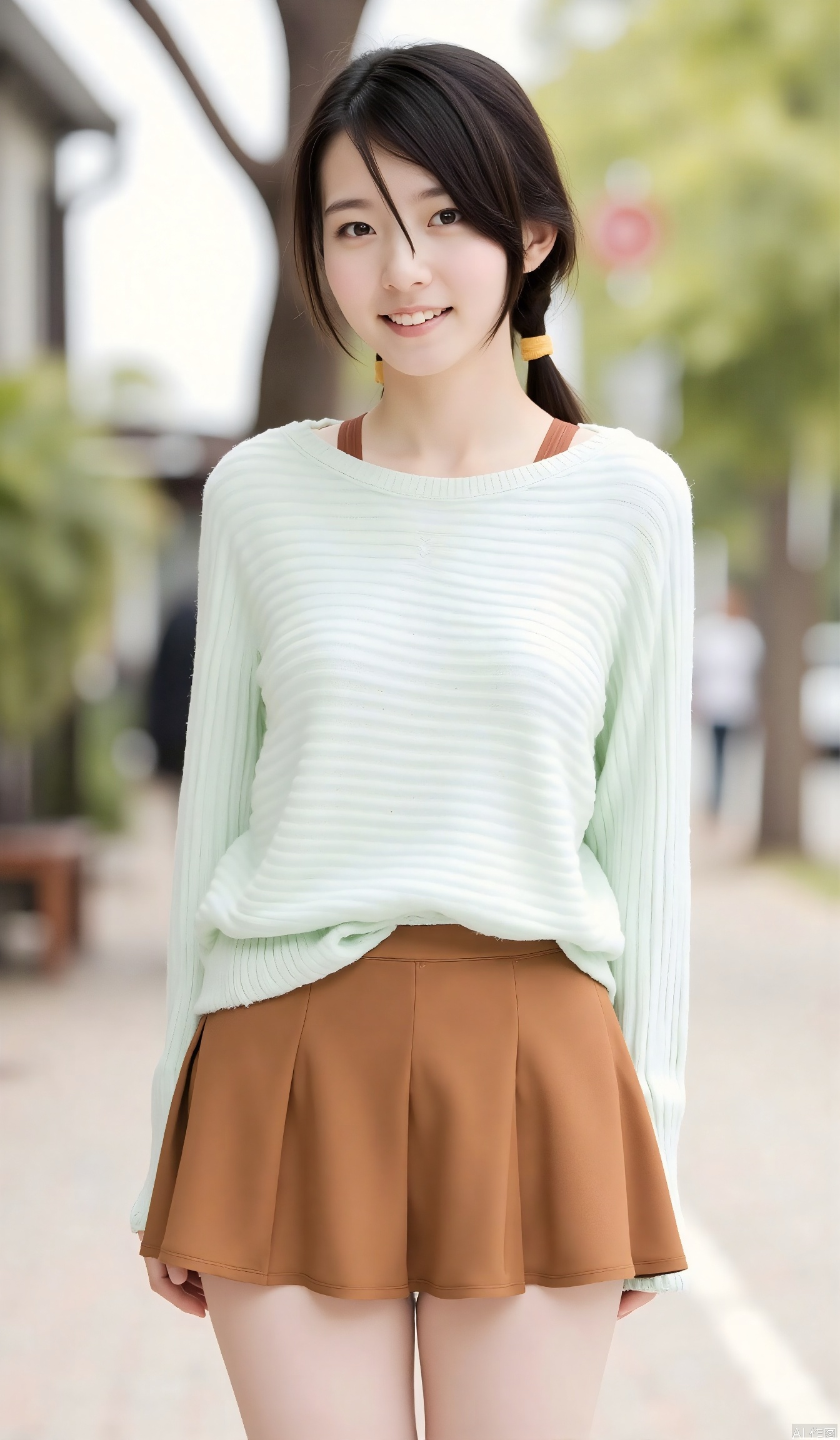 1girl, solo, long hair, smile, skirt, brown hair, black hair, closed mouth, standing, closed eyes, cowboy shot, pleated skirt, outdoors, day, blurry, sweater, tree, lips, arms behind back, brown skirt, realistic