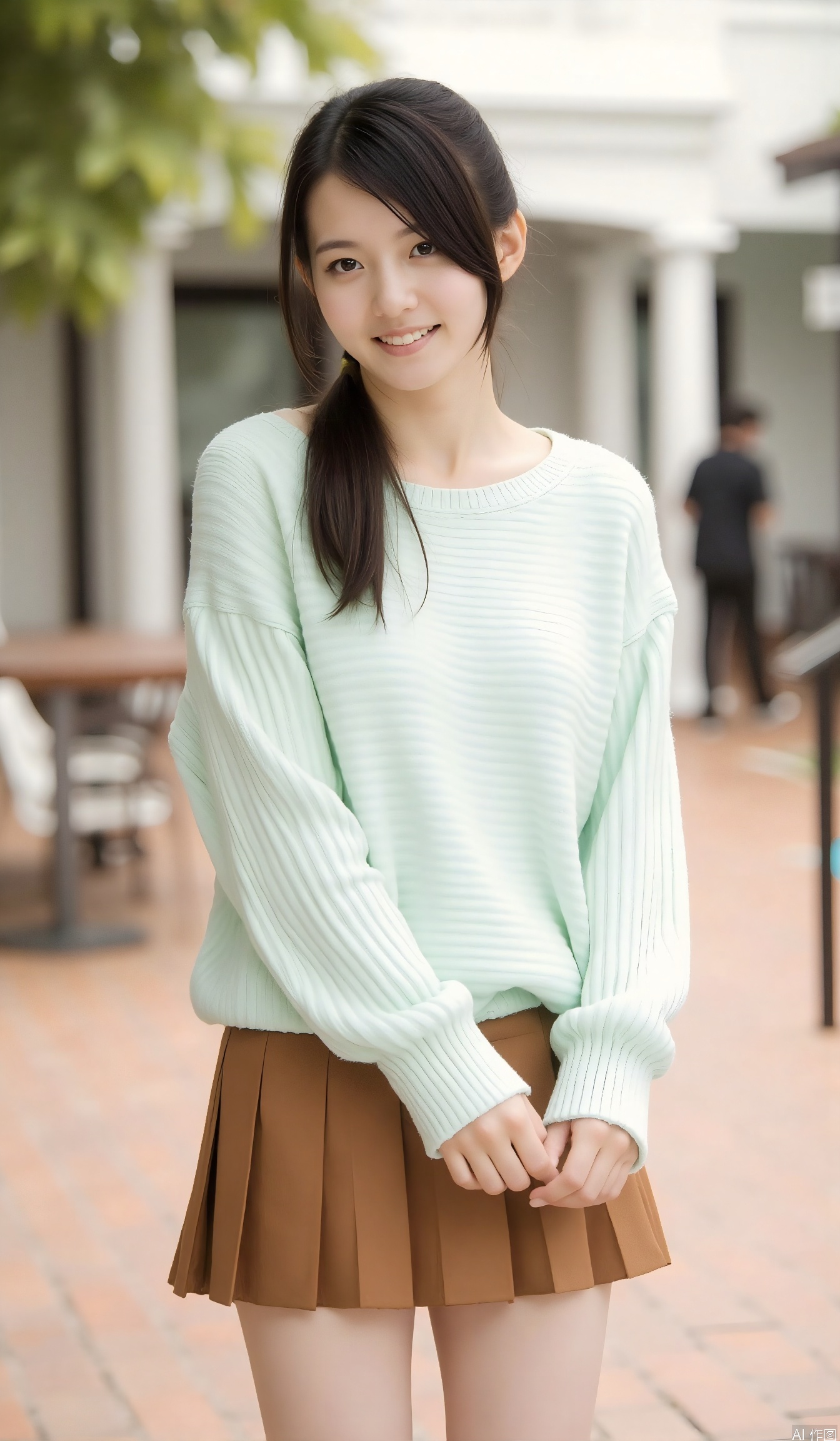 1girl, solo, long hair, smile, skirt, brown hair, black hair, closed mouth, standing, closed eyes, cowboy shot, pleated skirt, outdoors, day, blurry, sweater, tree, lips, arms behind back, brown skirt, realistic