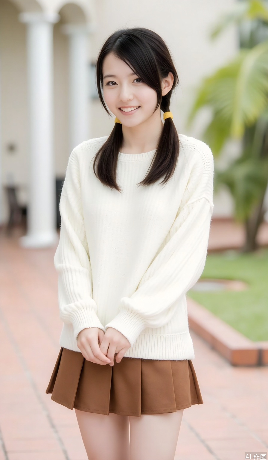 1girl, solo, long hair, smile, skirt, brown hair, black hair, closed mouth, standing, closed eyes, cowboy shot, pleated skirt, outdoors, day, blurry, sweater, tree, lips, arms behind back, brown skirt, realistic