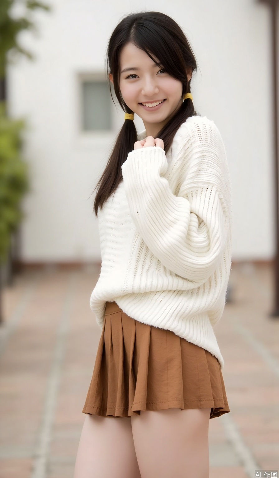1girl, solo, long hair, smile, skirt, brown hair, black hair, closed mouth, standing, closed eyes, cowboy shot, pleated skirt, outdoors, day, blurry, sweater, tree, lips, arms behind back, brown skirt, realistic