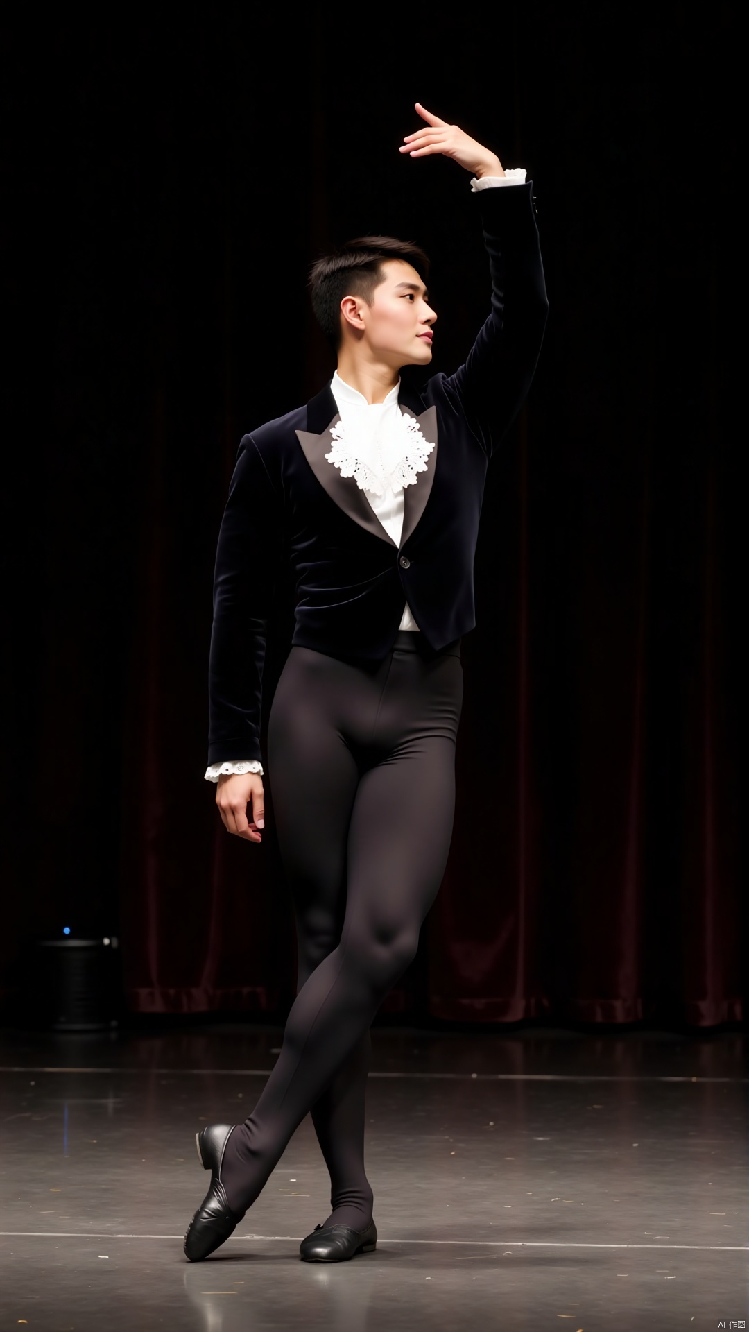 On the stage of the ancient European-style theater.The male ballet dancer makes his entrance in a black velvet tailcoat-style performance costume. The slim-fit design accentuates his broad shoulders and firm waist. The white lace at the collar is delicate and fine, adding a touch of tenderness to the masculinity. He stands sideways, with one leg slightly bent and the toes lightly touching the ground. One hand hangs naturally, while the other is gracefully bent and raised above the head, with the fingers gently twisting, as if whispering to an invisible partner. His figure shows nobility in the interlacing of light and shadow.