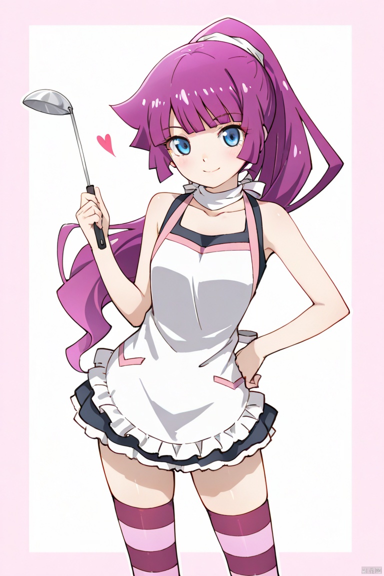 masterpiece, best quality, high quality, Kirishima Romin \(ygo\), 1girl, solo, long hair, looking at viewer, smile, bangs, blue eyes, thighhighs, bare shoulders, collarbone, ponytail, purple hair, heart, frills, striped, apron, zettai ryouiki, hand on hip, striped thighhighs, head scarf, ladle, senjougahara hitagi,