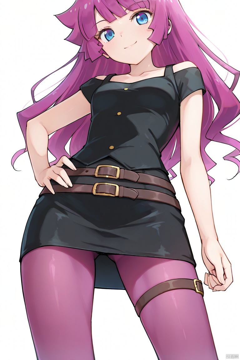 masterpiece, best quality, high quality, Kirishima Romin \(ygo\), 1girl, solo, long hair, looking at viewer, smile, blue eyes, skirt, simple background, white background, purple hair, pantyhose, belt, hand on hip, thigh strap,