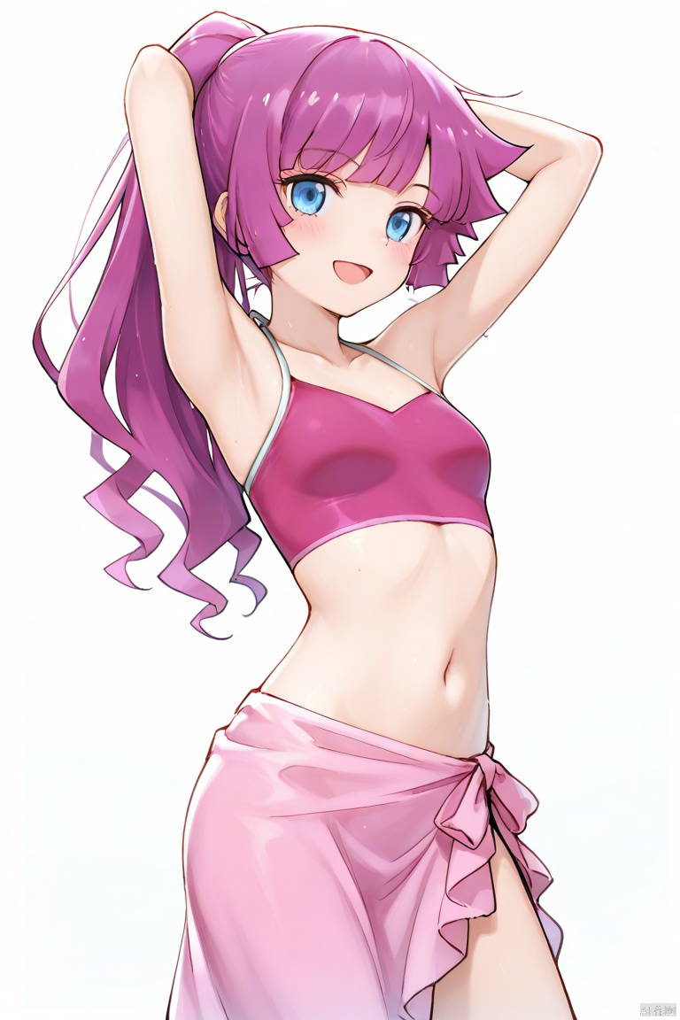 masterpiece, best quality, high quality, Kirishima Romin \(ygo\), 1girl, solo, long hair, breasts, looking at viewer, blush, smile, open mouth, bangs, blue eyes, simple background, navel, standing, swimsuit, ponytail, purple hair, cowboy shot, small breasts, midriff, armpits, arms up, sarong,