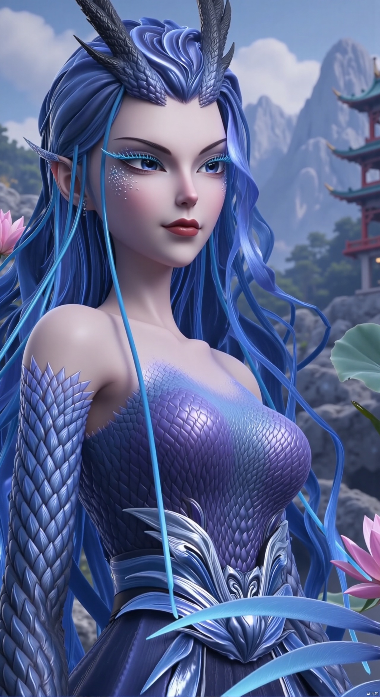  SFW,(masterpiece:1.2),best quality,absurdres,masterpiece,original,extremely detailed wallpaper,perfect lighting,a woman with long blue hair,dragon horns on her head,wearing a Chinese-style dress and fish-scale-shaped knee-high socks. In the background is a blue scaly dragon,Aesthetic Art,Snake Art,is a digital illustration of a Seductive woman with fair skin,jSilver long hair,and shiny Purple dress.  she is entangled in a huge python.,
HD quality,UHD,the art style is hyper-realistic with a futuristic,neon-lit aesthetic. art,A surreal blend of nature and artistry,(huge breasts:2.99),(full breasts:2.99),(Background with traditional Chinese architecture, lotus pond and pink lotus flowers:1.39),