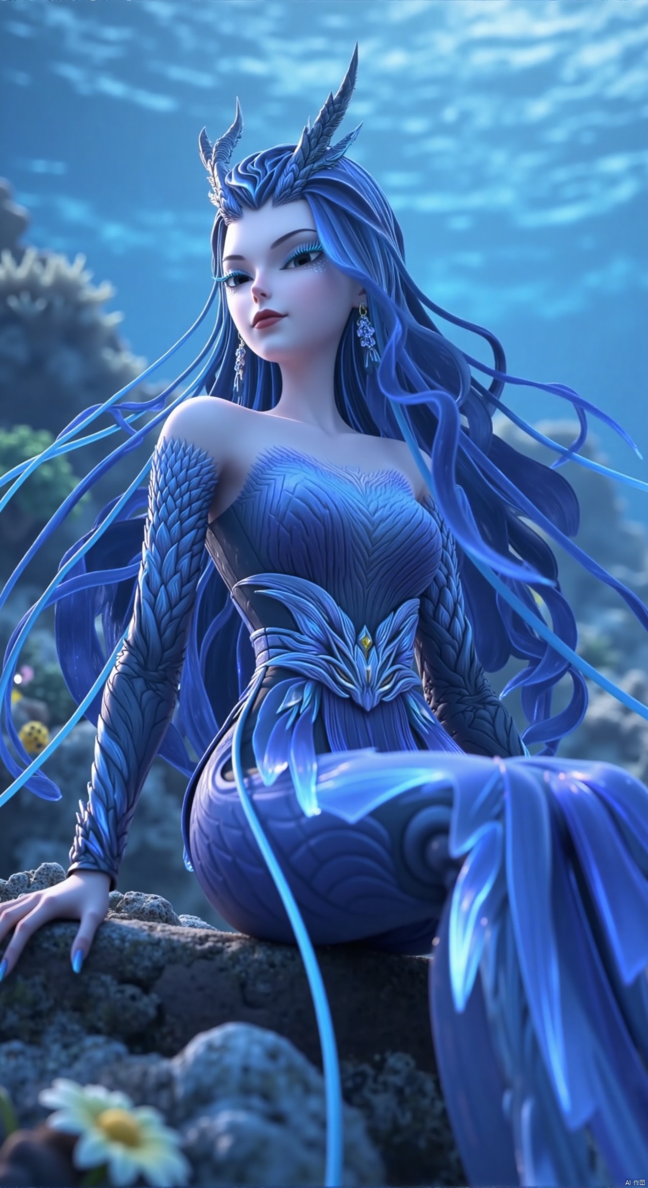  SFW,(masterpiece:1.2),best quality,absurdres,masterpiece,original,extremely detailed wallpaper,perfect lighting,1girl,solo,looking at viewer,(cowboy_shot:1.3),long hair,high heels,blurry background,depth of field,motion blur,(long dress:1.23),china_dress,chinese_style,bare shouders,crystal_earrings,headpiece,hair_tie,chest_jewel,gem,necklace,jewelry,in summer,day,outdoors,nature,garden,,(sitting,Underwater world, coral reef, clownfish:1.59),(huge breasts:2.59),(full breasts:2.59),Xzhihua,Xsiyouyou,Xyanruyu,Xmoxiaonan,Xyeqingxian