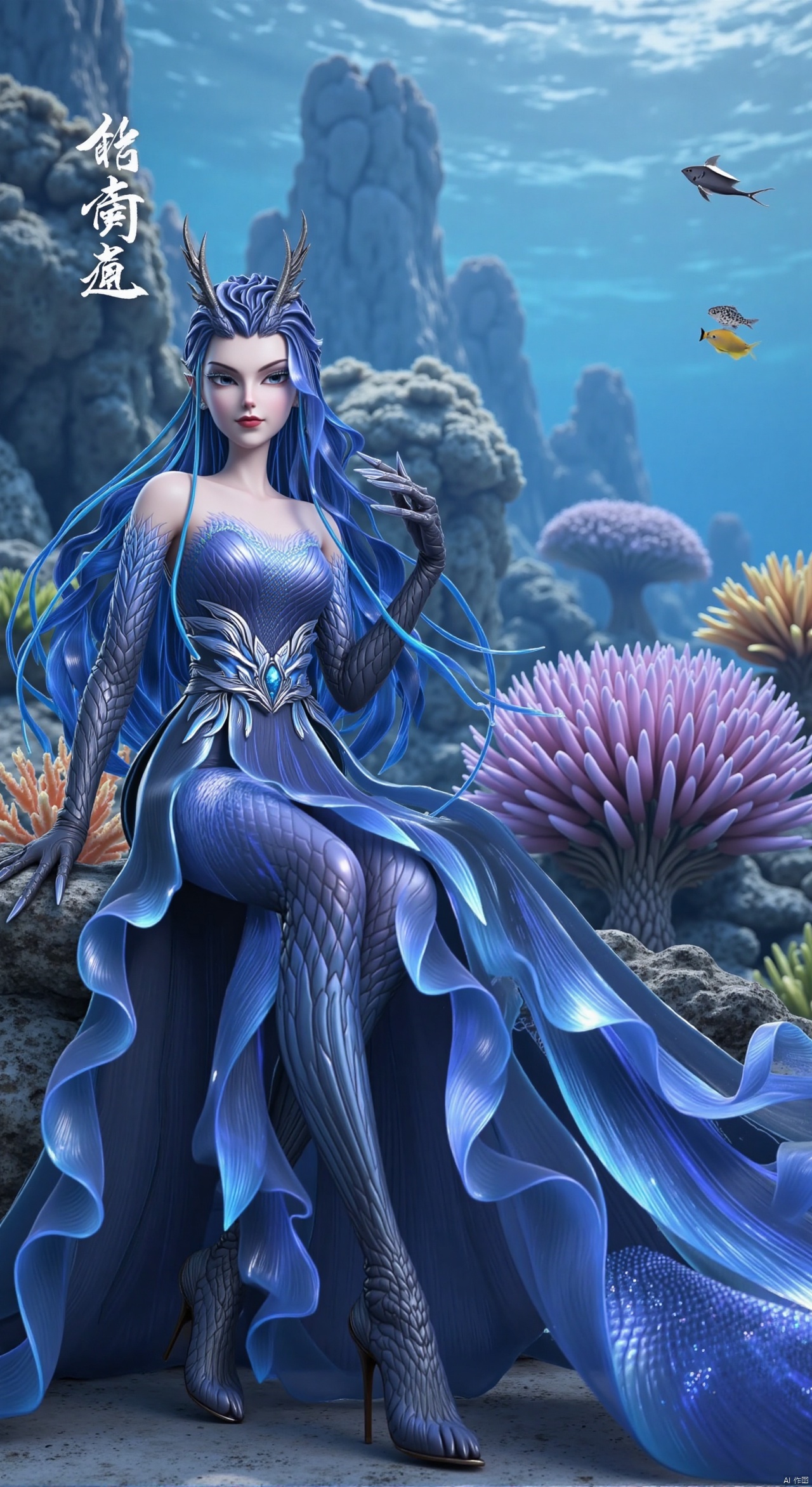  SFW,(masterpiece:1.2),best quality,absurdres,masterpiece,original,extremely detailed wallpaper,perfect lighting,1girl,solo,looking at viewer,(cowboy_shot:1.3),long hair,high heels,blurry background,depth of field,motion blur,(long dress:1.23),china_dress,chinese_style,bare shouders,crystal_earrings,headpiece,hair_tie,chest_jewel,gem,necklace,jewelry,in summer,day,outdoors,nature,garden,,(sitting,Underwater world, coral reef, clownfish:1.59),(huge breasts:2.59),(full breasts:2.59),Xzhihua,Xsiyouyou,Xyanruyu,Xmoxiaonan,Xyeqingxian