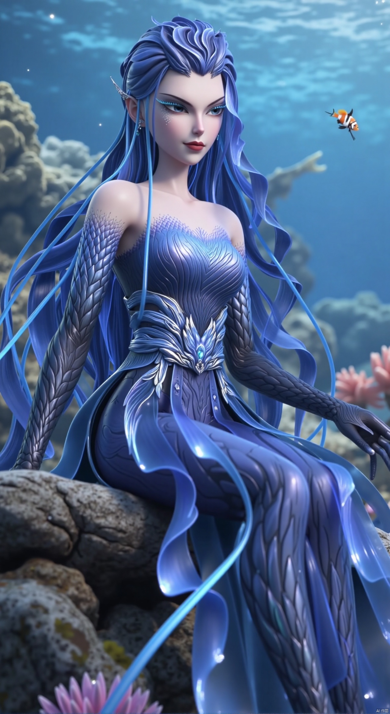  SFW,(masterpiece:1.2),best quality,absurdres,masterpiece,original,extremely detailed wallpaper,perfect lighting,1girl,solo,looking at viewer,(cowboy_shot:1.3),long hair,high heels,blurry background,depth of field,motion blur,(long dress:1.23),china_dress,chinese_style,bare shouders,crystal_earrings,headpiece,hair_tie,chest_jewel,gem,necklace,jewelry,in summer,day,outdoors,nature,garden,,(sitting,Underwater world, coral reef, clownfish:1.59),(huge breasts:2.59),(full breasts:2.59),Xzhihua,Xsiyouyou,Xyanruyu,Xmoxiaonan,Xyeqingxian