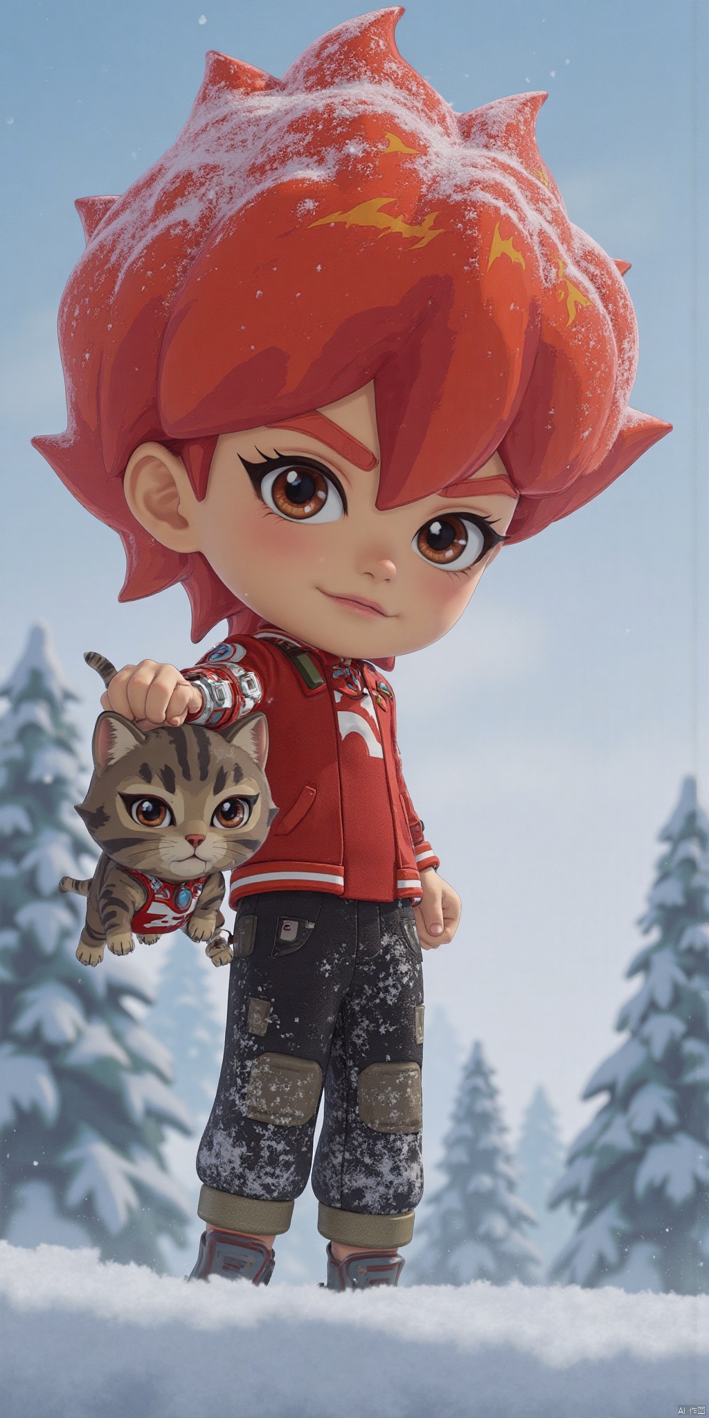 Zhang's close-up of realistic and surreal portraits shows a close-up of a 3D portrait. A 10-year-old boy is holding a cat and watching the audience. The scene is a small snow-covered village and ski resort. The scene includes pine trees and a small figure skiing on the snow-covered ground. It is captured in a dreamy film style, and the soft and fuzzy snowfall creates a quiet winter atmosphere. The composition adopts natural global illumination to enhance the sense of magical reality. The image was presented in ultra-detail and ultra-high resolution in 4D, and was shot with Fuji color film aesthetics. With the help of the 85mm f/1.4 lens on the DSLR camera, it captures the essence of a fantastic and story-rich micro-world, integrates macro art with vivid colors, and brings fascinating and realistic visual experience. Shirt, 1boy, jewelry, standing, jacket, whole body, male focus, red hair, shoes, pants, sports shoes, watches, wrist watches, necklaces.