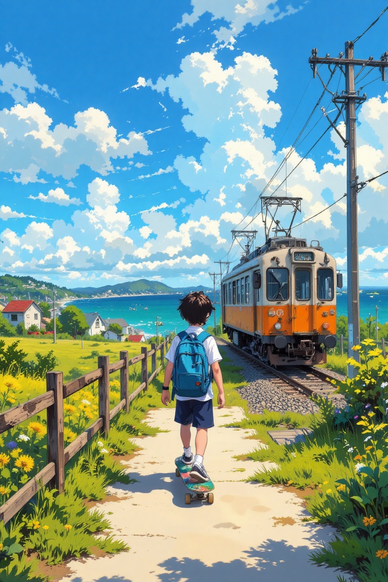 The image depicts a young boy skateboarding along a path that leads to a coastal area. He is wearing a blue backpack and a...