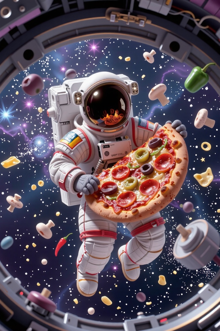Pizza Surreal illustration,  science fiction. An astronaut in a detailed spacesuit with an open visor is floating in zero...