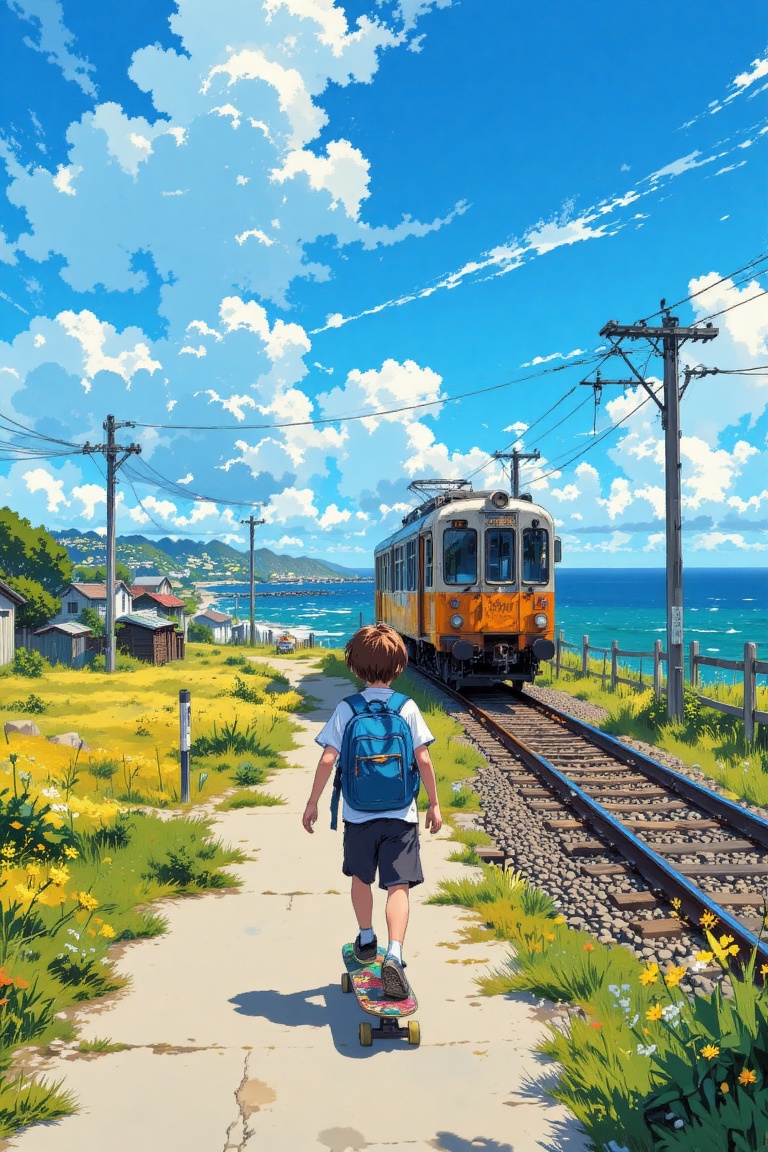 The image depicts a young boy skateboarding along a path that leads to a coastal area. He is wearing a blue backpack and a...