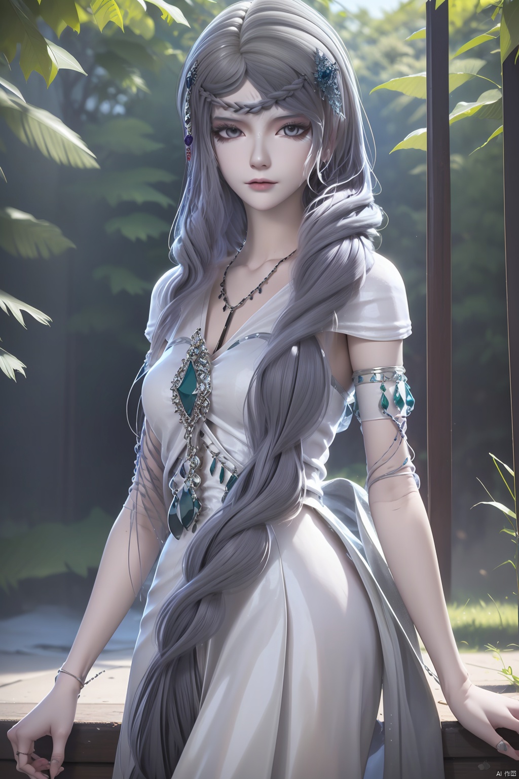 1girl, solo, long hair, looking at viewer, hair ornament, dress, jewelry, very long hair, braid, necklace, white dress, grey eyes, masterpiece,best quality,official art,extremely detailed CG unity 8k wallpaper,