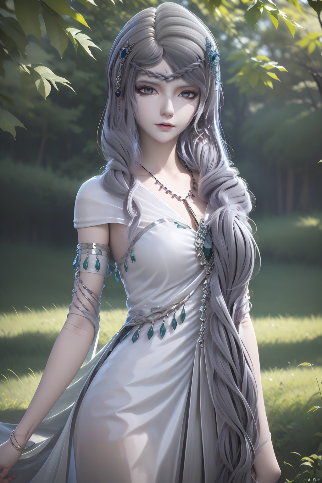 1girl, solo, long hair, looking at viewer, hair ornament, dress, jewelry, very long hair, braid, necklace, white dress, grey eyes, masterpiece,best quality,official art,extremely detailed CG unity 8k wallpaper,
