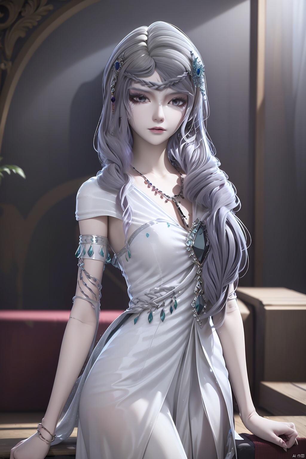 1girl, solo, long hair, looking at viewer, hair ornament, dress, jewelry, very long hair, braid, necklace, white dress, grey eyes, masterpiece,best quality,official art,extremely detailed CG unity 8k wallpaper,