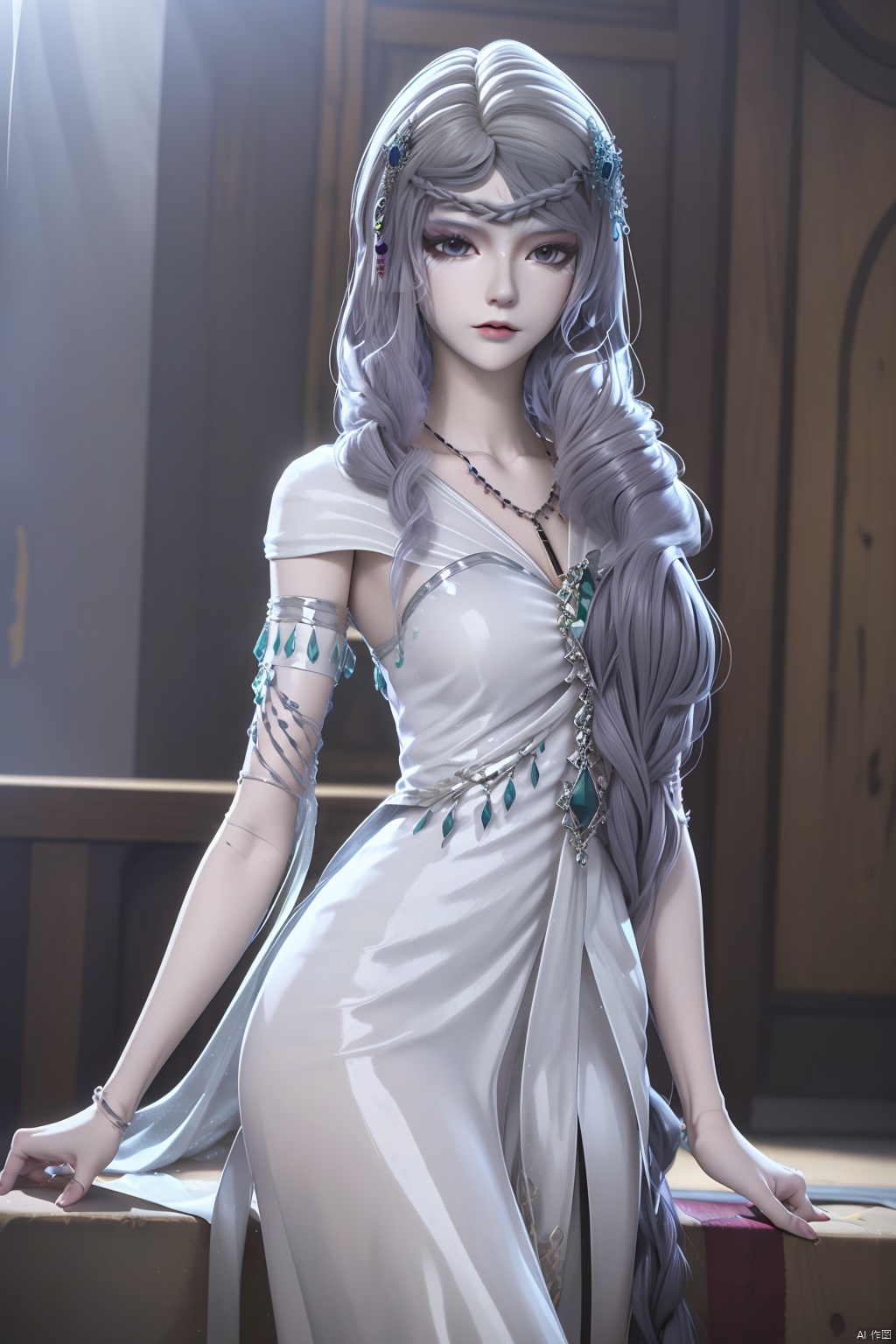 1girl, solo, long hair, looking at viewer, hair ornament, dress, jewelry, very long hair, braid, necklace, white dress, grey eyes, masterpiece,best quality,official art,extremely detailed CG unity 8k wallpaper,