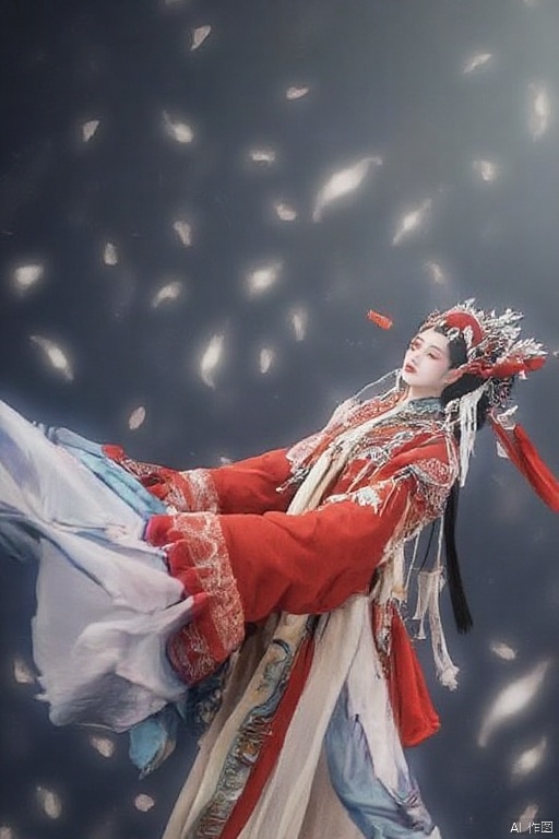 actor's costume,a woman dressed in a traditional Chinese dress,adorned with a red ribbon and a white crown. Her dress is adorned with intricate patterns,including red,white,blue,and green. Her hair is styled in a flowing fashion,adding a touch of movement to the scene. The backdrop is a deep,dark gray,with a few small white lights dotting the sky. The woman's face is adorned in a red bandana
