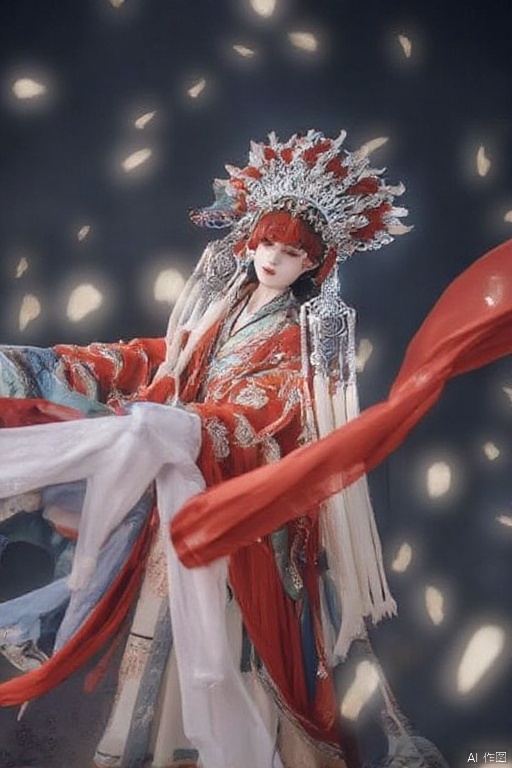 actor's costume,a woman dressed in a traditional Chinese dress,adorned with a red ribbon and a white crown. Her dress is adorned with intricate patterns,including red,white,blue,and green. Her hair is styled in a flowing fashion,adding a touch of movement to the scene. The backdrop is a deep,dark gray,with a few small white lights dotting the sky. The woman's face is adorned in a red bandana
