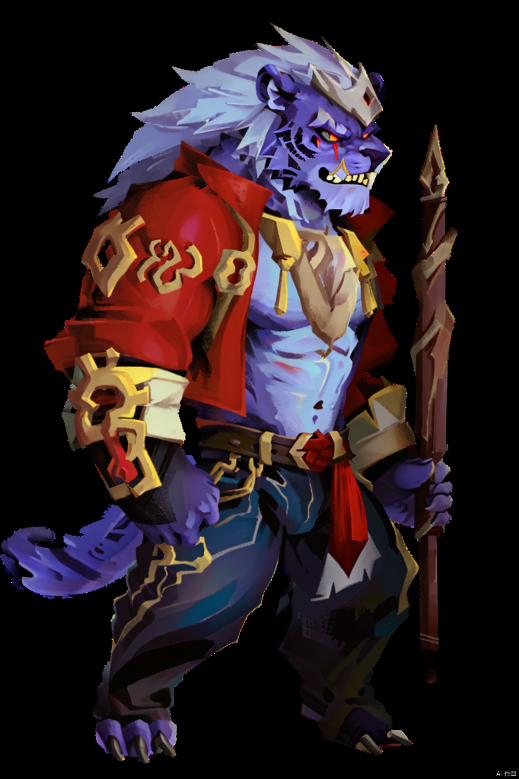 solo, long hair, gloves, long sleeves, 1boy, holding, animal ears, jacket, tail, sdorica, male focus, outdoors, teeth, pants, holding weapon, muscular, night, glowing, black pants, muscular male, building, glowing eyes, claws, furry, city, furry male, lion tail