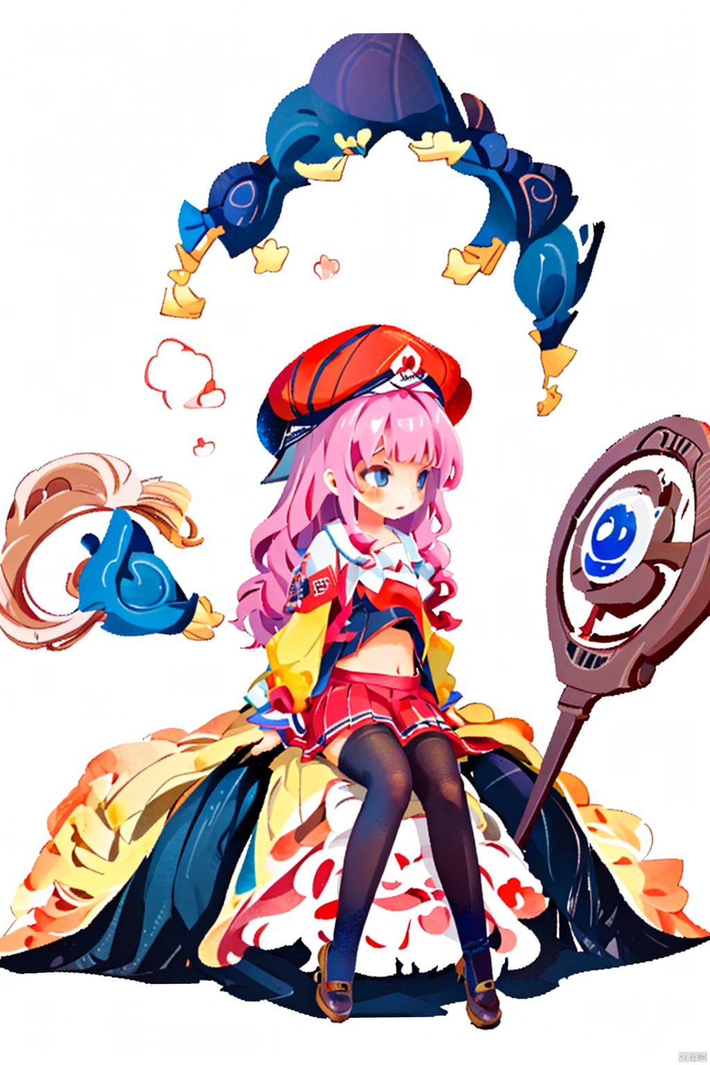 1girl, solo, blue eyes, skirt, thighhighs, hat, navel, sitting, red hair, paintbrush,sdorica