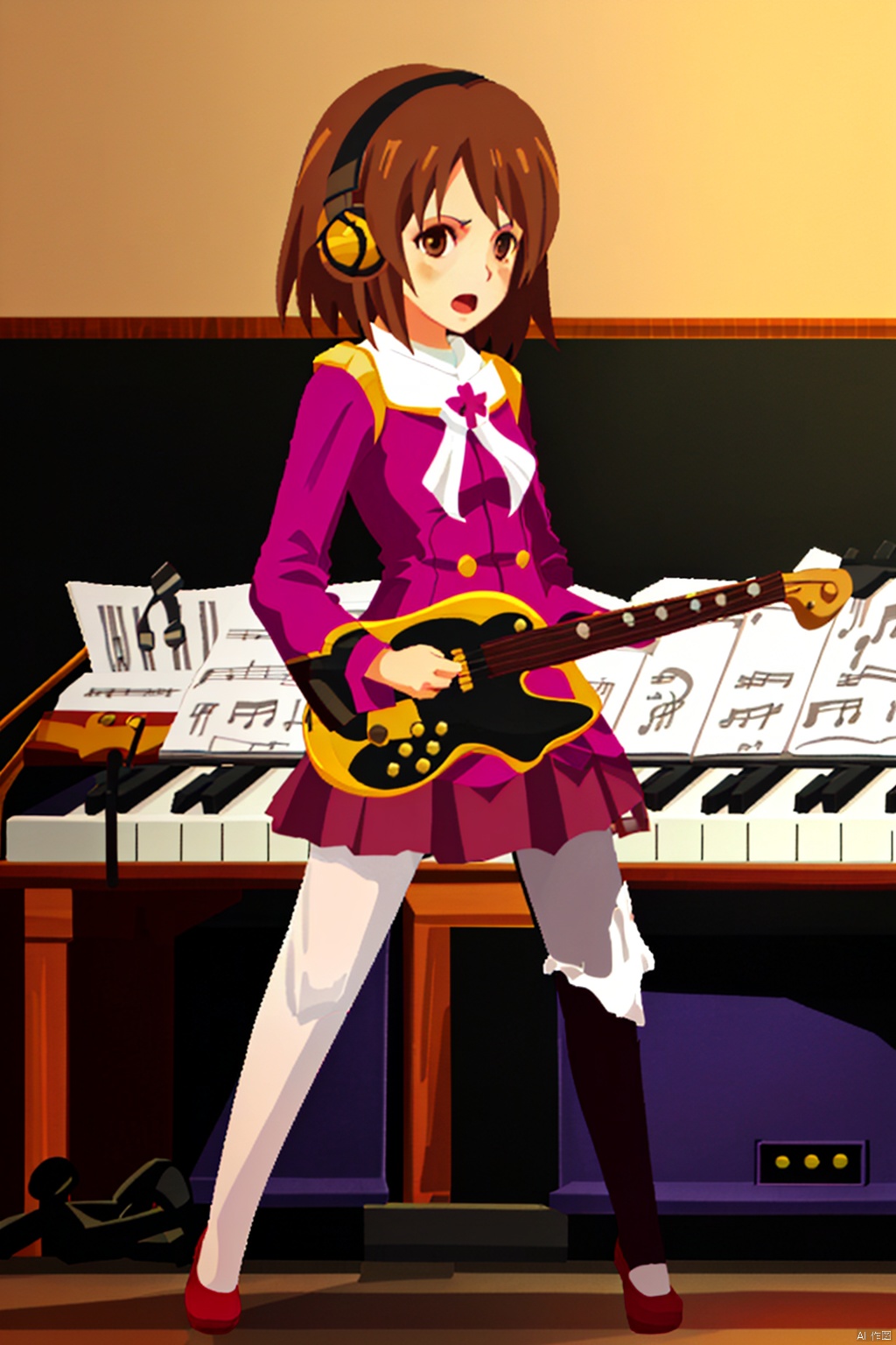 1girl, solo, looking at viewer, short hair, open mouth, brown hair, long sleeves, brown eyes, standing, pantyhose, black pantyhose, instrument, music