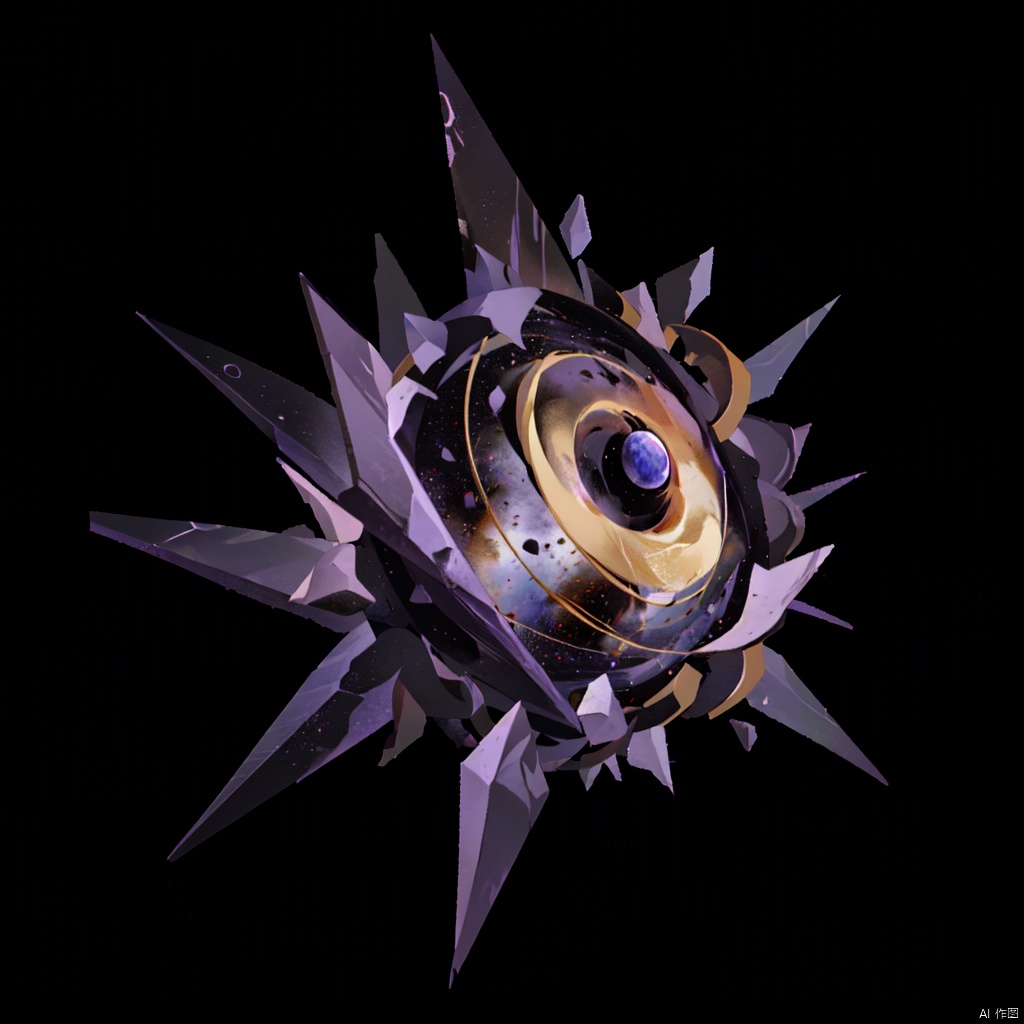 simple background, weapon, glass, Rotating Milky Way into body, purple and golden, solid geometry, black hole,no humans, black background, gem, still life