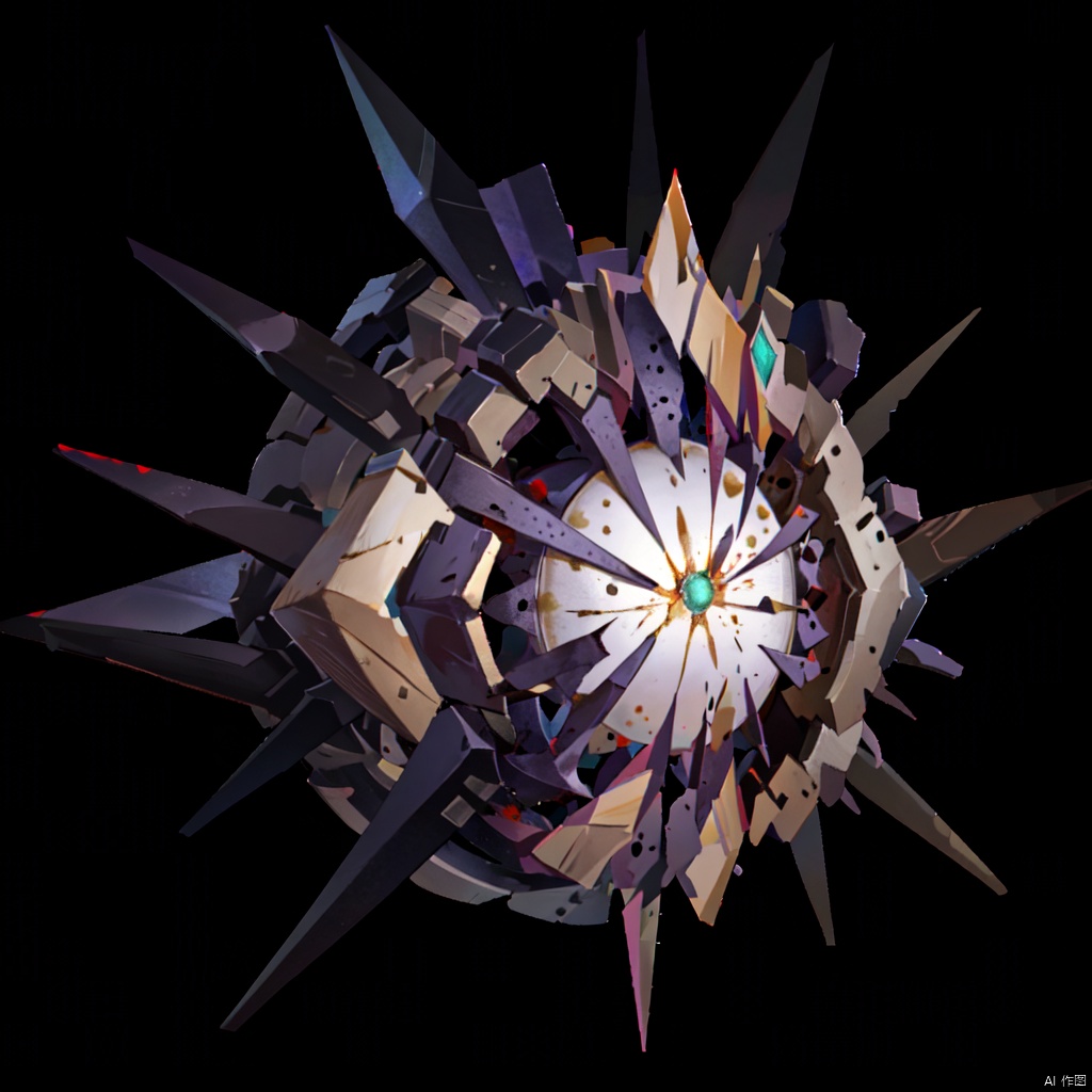 simple background, weapon, metal, glass into body, purple and golden, solid geometry, pearl,no humans, black background, gem, still life