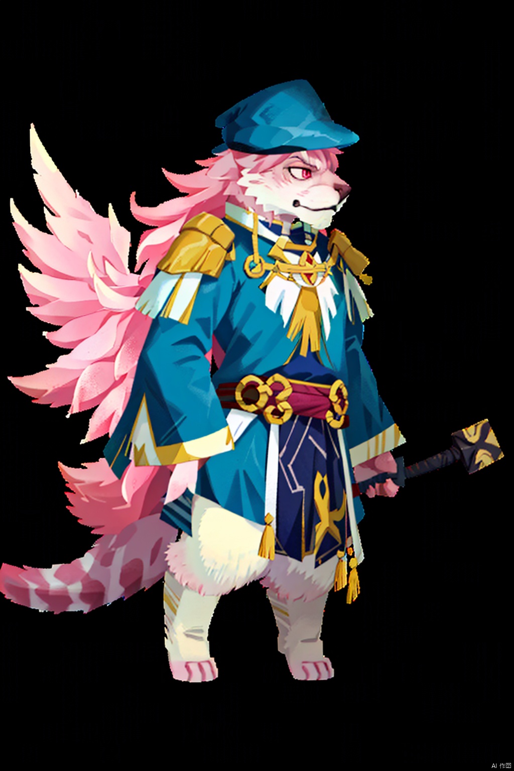 solo, long hair, sdorica, pink, long sleeves, 1boy, hat, holding, animal ears, standing, tail, full body, pink eyes, Starry Sky in weapon, Blue Pink, white hair, male focus, Magic wand, holding weapon, black background, furry, furry male, axe