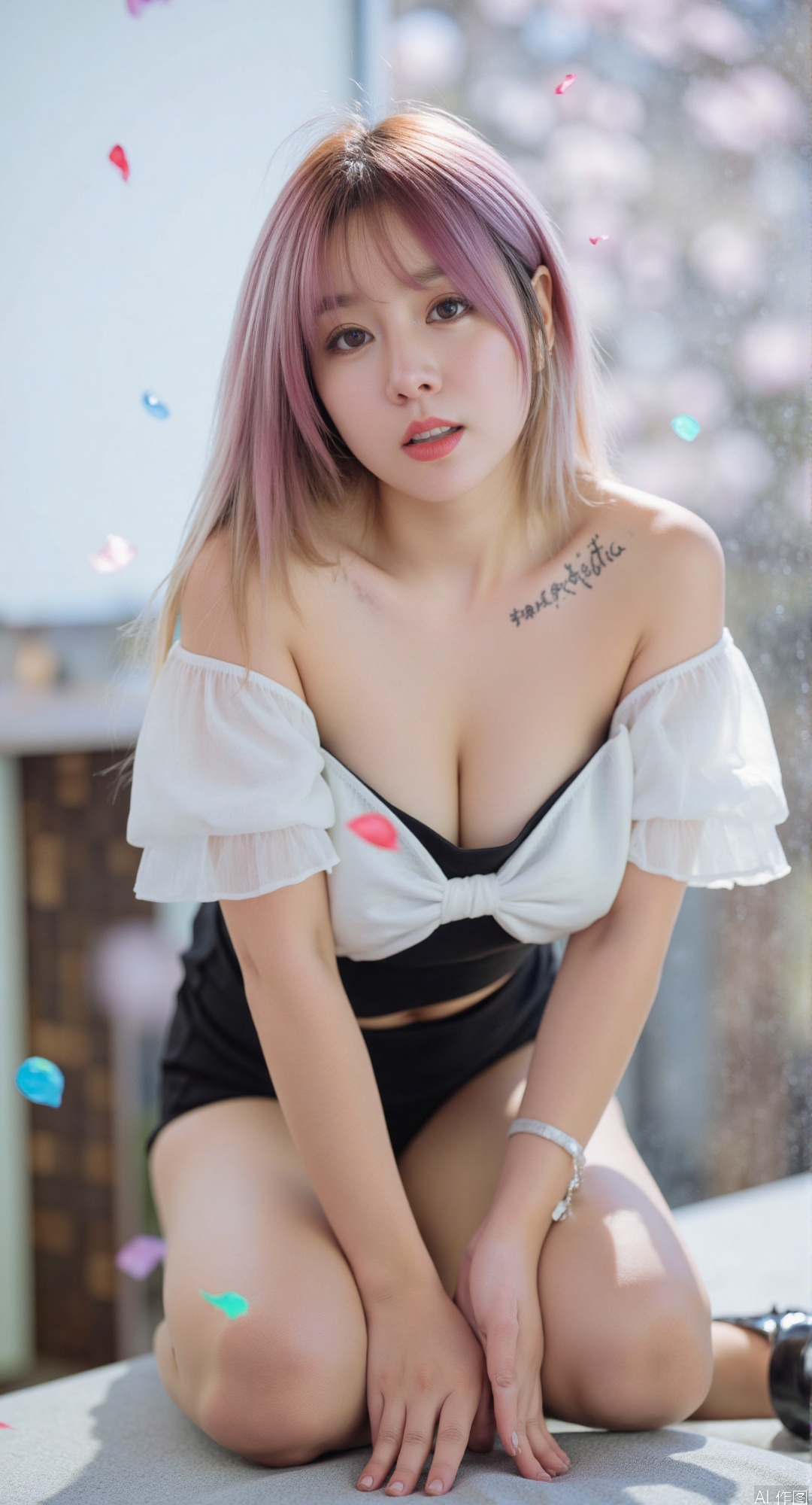 1girl,dappled sunlight,  dappled_sunlight, ((large breasts)),cleavage

tousled hair, long hair, (super long hair), sparkly pink hair, shiny hluffy hair, long floating hair, (super long hair), shiny pink hair, shiny hair, 1 girl, alone, long hair, blue eyes, (pink hair), pink hair, looking at the audience, smiling, make-up face prints, purple hair, colored hair, thighs, outdoors, full body ((masterpiece)), (((best quality))), ((ultra-detailed)), ((illustration)), A lot of waving glow sticks,Stage,Concert,(solo),1 girl,((singing)),headset,(leaning_forward:1.2),(arms_behind_back),((extremely_detailed_eyes_and_face)),colorful,Tokyo Dome,ray tracing,(disheveled hair),cherry_blossoms,petals,Flying notes