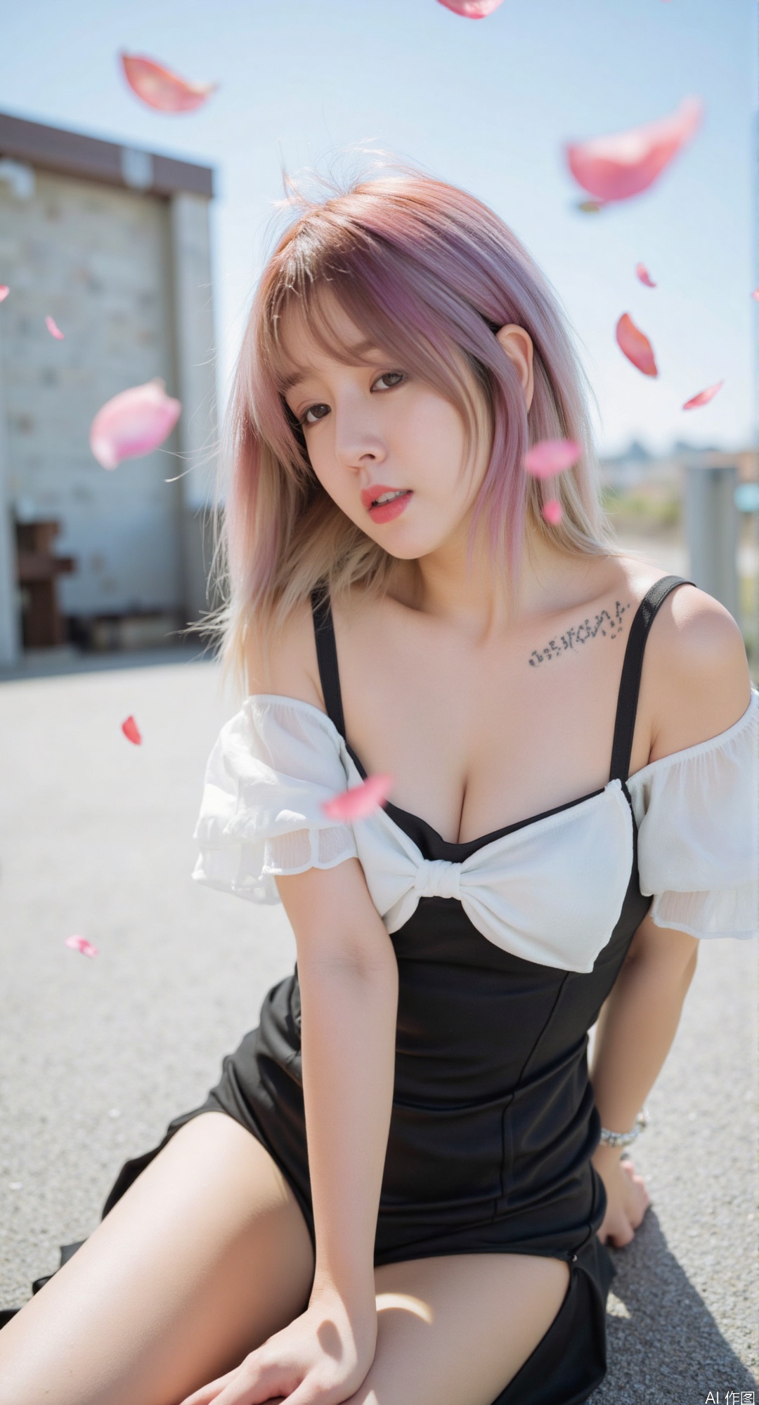 1girl,dappled sunlight,  dappled_sunlight, ((large breasts)),cleavage

tousled hair, long hair, (super long hair), sparkly pink hair, shiny hluffy hair, long floating hair, (super long hair), shiny pink hair, shiny hair, 1 girl, alone, long hair, blue eyes, (pink hair), pink hair, looking at the audience, smiling, make-up face prints, purple hair, colored hair, thighs, outdoors, full body ((masterpiece)), (((best quality))), ((ultra-detailed)), ((illustration)), A lot of waving glow sticks,Stage,Concert,(solo),1 girl,((singing)),headset,(leaning_forward:1.2),(arms_behind_back),((extremely_detailed_eyes_and_face)),colorful,Tokyo Dome,ray tracing,(disheveled hair),cherry_blossoms,petals,Flying notes