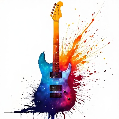 The splashed colors form the broken shape of the guitar. White background, abstract painting