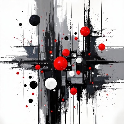 a black and white abstract painting . The painting is composed of various shades of gray, Gray, and Red, creating a stark contrast against the white background.Some circular, horizontal and vertical lines