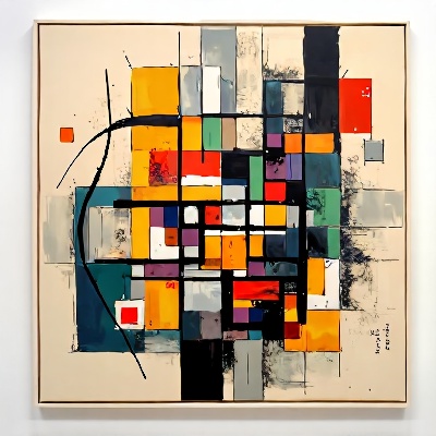 a vibrant painting features a Square box with multiple levels. The box is adorned with a variety of colors, including yellow, orange, red, green, blue, and purple. The background is a light beige, adding a pop of color to the otherwise monochromatic painting. The painting is composed of a mix of black, gray, and red colors, creating a striking contrast against the white background. Kandinsky style