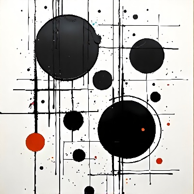a medium-sized abstract art . The background is a stark white, and the black lines are arranged in a grid-like pattern, adding a touch of contrast to the composition. The black circles are centered in the middle of the frame, creating a striking contrast with the white background.Kandinsky style