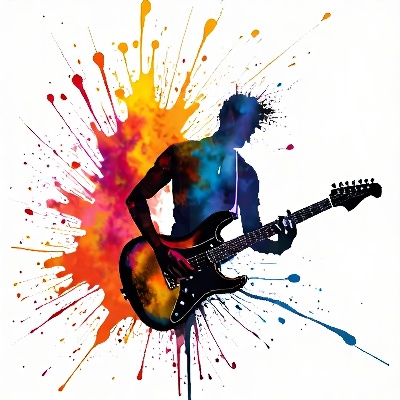  solo, white background, no humans, instrument, guitar, paint splatter, abstract, Music