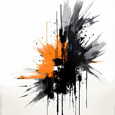 a black and white abstract painting . The painting is composed of various shades of gray, black, and orange, creating a stark contrast against the white background.