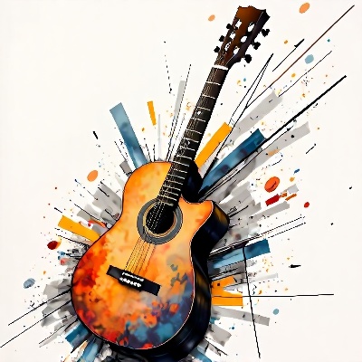 An abstract painting Captured from a low-angle perspective on a stark white backdrop, Guitar elements, lines of cheerful music mood, geometric shapes,