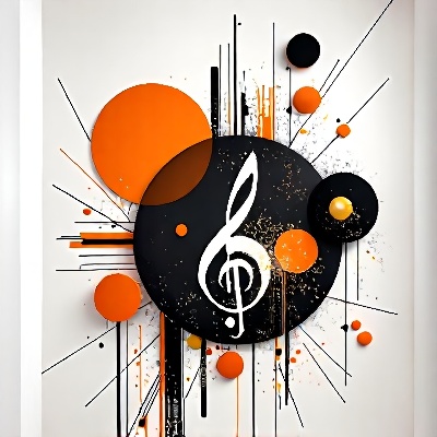 a medium-angle view of a white wall adorned with black, orange, and white abstract art. The art features three large, round circles of varying sizes, each with a unique design. The largest black circle is the focal point of the image, while the smaller orange circles are in the upper left corner. The black circles are scattered across the white wall, adding a pop of color to the composition. The background is a mix of white, black, and orange, creating a stark contrast to the art.Music symbols,Guitar symbol