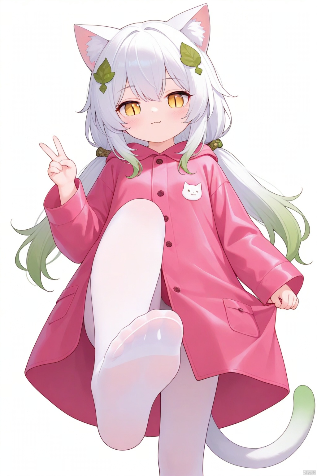 tsubasachyan,lolisugerjio,cxnice3,masterpiece,best quality,high quality, loli,solo,petite,cat girl,cat ears,cat tail,small breast,white hair,green hair, bangs, hair ornament,leaf hair ornament,gradient hair, gradient tail,low twintails,yellow eyes,slit pupils,(nahida \(genshin impact\):0.3),standing,simple background,white background,V,rain coat,cxgoodfeet,foot view,presenting foot,