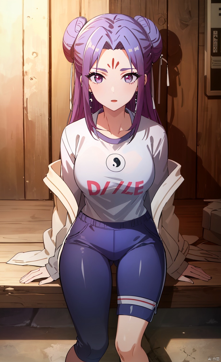 Flying Immortal Hair Knot,, earrings,
hair bun, double bun, forehead mark, yin yang,Red hairpin,
A girl with long hair, purple hair, bangs, split bangs, purple eyes, long split bangs, three vertical lines on her forehead, hairpin, red hairpin,
T-shirt short sleeved, summer short sleeved, long pants, sports shoes,T-shirt short sleeved, summer short sleeved, pants, sports shoes, jacket, thick jacket, wearing jacket,